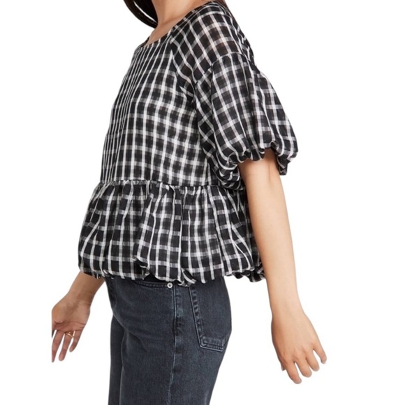 NWT Tuckernuck Moon River Puff Sleeve Checked Top Black Size M - Picture 2 of 13